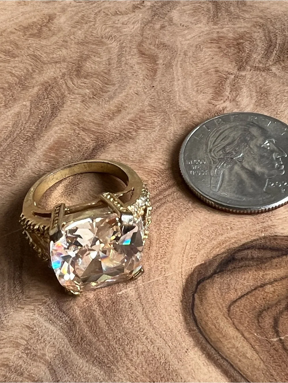 Gold-Tone Crystal Statement Ring with Clear Center Stone - Women Jewelry